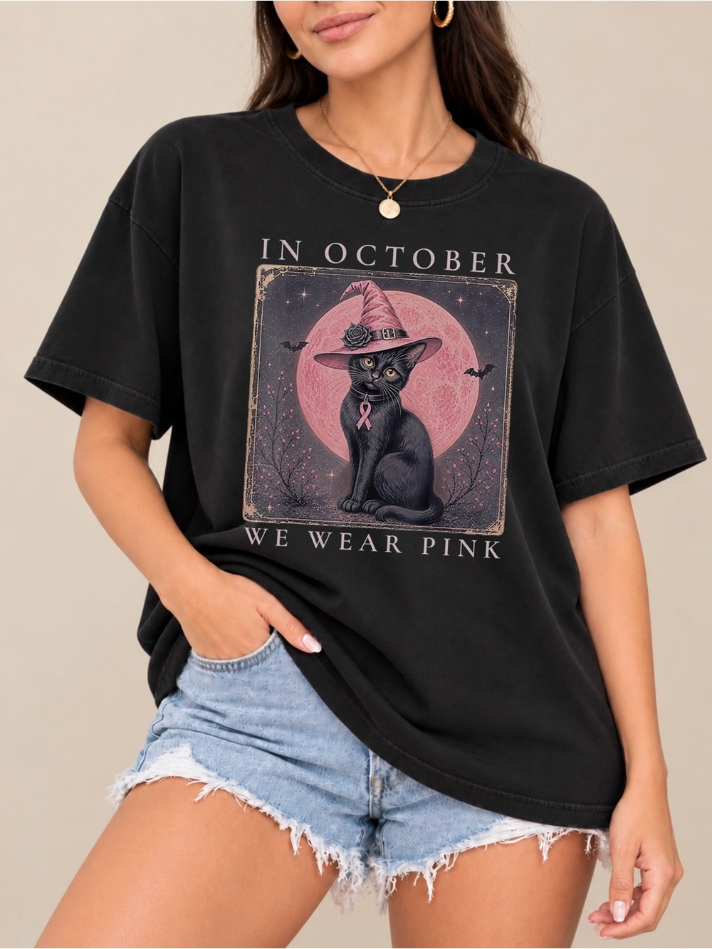 In October We Wear Pink Black Cat Tee Breast Cancer Halloween Unisex T-shirt
